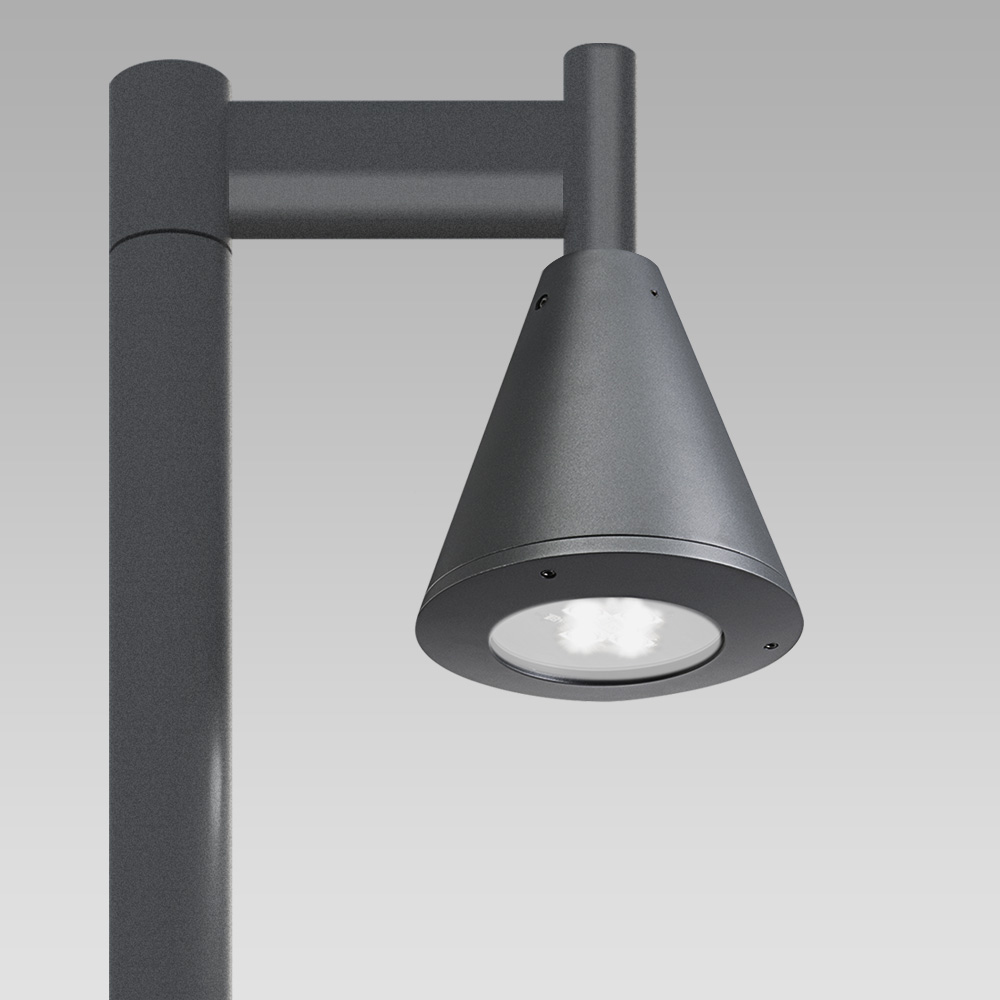 Illuminazione Urbana  Apparecchio per illuminazione urbana dal design conico, disponibile a parete, su palo o catenaria